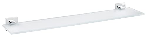 tesa DELUXXE Badablage aus Milchglas, verchromte Halterung - Glasablage zur Wandbefestigung ohne Bohren, inkl. Klebelösung - 600mm x 50mm x 118mm