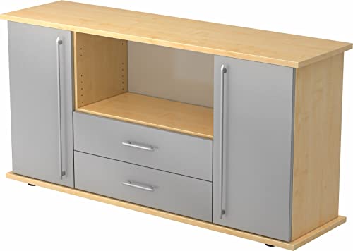 bümö® Büro Sideboard | Büroschrank mit Stauraum für Ordner, Bücher und Material | Büromöbel | in 14 Dekoren (Ahorn/Silber)