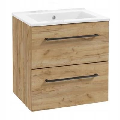 Deftrans Domodomo Badezimmerschrank mit Waschbecken, 60 x 50 x 46,5 cm Eiche Unterschrank für Waschbecken, Hängeschrank für Badezimmer - Keramik-Waschbecken-Set