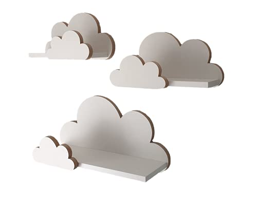 MOLILAND Wolkenregal Babyzimmer | Set 3 Stück | in Weiß | Wolke aus Holz im skandinavischen Stil | Schweberegal Wanddeko Befestigungssatz
