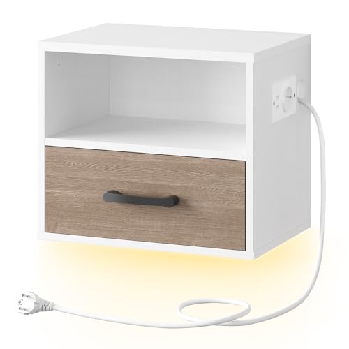 HOOBRO hängender Nachttisch, Wandregal Nachttisch mit Ladestation und Schublade, Nachtschrank mit LED-Sensorlicht, Nachtkommode, 1 Standardsteckdose und 2 USB-Anschlüsse, Weiß und Greige EWG132CDBZ01