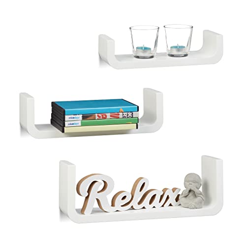 Relaxdays Wandregal 3er Set, dekorative U-form Wandboards, kleine Holz-Regalbretter 10 cm tief, bis 40 cm breit, weiß, 10 x 39.5 x 14 cm