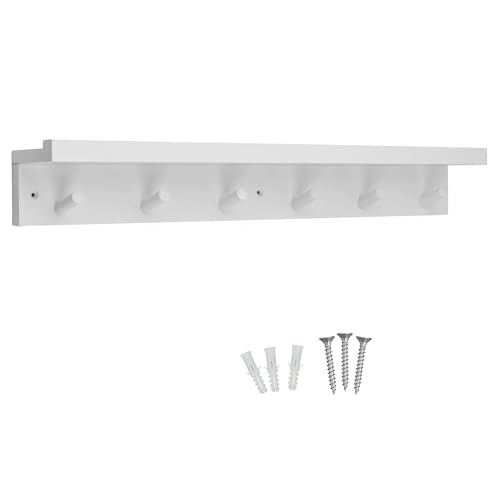 Keypak 6 Garderobenhaken mit Ablage, 68 cm Holz Schweberegal mit Lippe, Wandgarderobe Flur Organizer - Vormontiert, Befestigungen enthalten (Weiß)