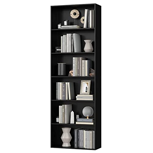 FirFurd Bücherregal, Holzregal mit 6 Fächern, Regale, Bücherschrank, Aufbewahrungsregal für Wohnzimmer, Arbeitszimmer, aus Holz, 180 x 60 x 23,5 cm, Schwarz
