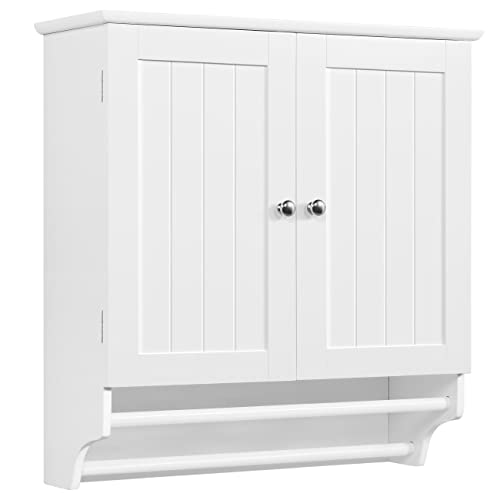 Yaheetech Badezimmerschrank Wandschrank Hängeschrank mit Doppeltür Wandregal Oberschrank mit 2 Handtuchstangen Küchenschrank Aufbewahrungsschrank mit Einlegeboden, Weiß