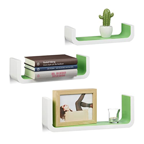 Relaxdays Wandregal 3er Set, dekorative U-form Wandboards, Holz-Regalbretter 10 cm tief, bis 40 cm breit, weiß-grün