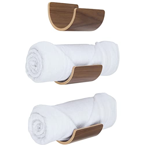 Gerollte Handtuchhalter 3 x Wandregal aus Holz, zur Aufbewahrung von Handtüchern im Badezimmer. Holz-Badetuch-Organizer-Regal. Für Nässeschutz lackiert. Passend für große Handtücher (Walnuss)