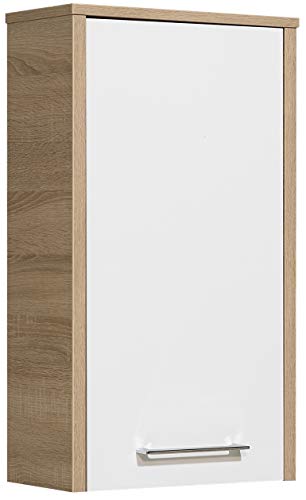 Pelipal Badezimmer Hängeschrank Quickset 382 in Weiß Hochglanz/ Eiche Natur quer Nachbildung, 40 cm breit | Bad Wandschrank mit 1 Tür und 2 Einlegeböden