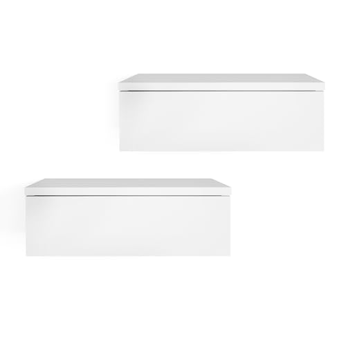 KOMTO Wandregal mit Schublade Weiß - Nachttisch Hängend 2er Set Nachttisch Wandmontage Wandschublade Nachtschrank Hängend | Monaco 46 x 30 x 15 cm