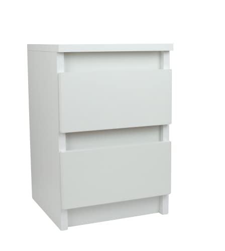 Kompakter Nachttisch Weiss mit 2 Schubladen - Kleiner Nachtschrank Weiß - Minimalistisch Beistelltisch Holz - Nachtkästchen mit Schublade