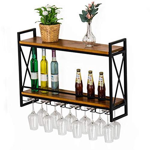Vintage-Weinregal Wandregal für Barküche, wandmontiertes 2-stöckiges Wand-Weinflaschenregal und Weinglasregal, rustikale schwebende Regale aus Metall und Holz (Größe: 60×20×55cm)