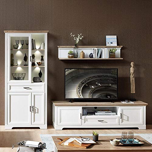 Lomadox TV-Wohnlösung inkl. großer Vitrine mit LED im Landhaus-Design Pinie hell & Artisan Eiche Nb.