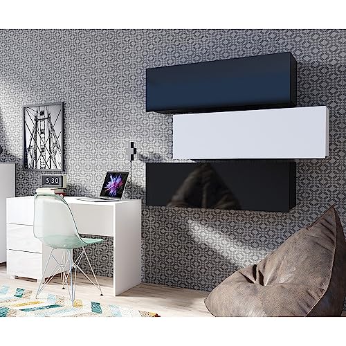 Lomadox Büromöbel Set 4-teilig mit Schreibtisch, 3 Wandregale in schwarz Hochglanz und weiß Hochglanz Modern
