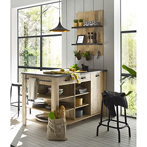 Lomadox Küchenmöbel Küchen Set, Old Style hell Nb. mit anthrazit, Kücheninsel und Wandregal mit 3 Haken, Metallgriffe, Softclose-Funktion