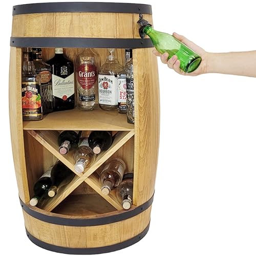 weeco Holzfass mit Flaschenöffner und Weinregal. Fassbar 80cm - Rustikale deko Barschrank - Hausbar Weinrefal, Fassbier, Whisky Bar. Geschenk für Männer