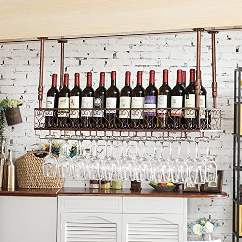EsEntL Hängendes Weinregal, Metalldecken-Flaschenregal, Vintage-Weinaufbewahrungshalter mit Stielglas-Glasregal, höhenverstellbar, Bronze (Größe: 80 x 25 cm)