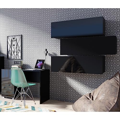 Lomadox Büromöbel Set 4-teilig mit Schreibtisch, 3 Wandregale in schwarz Hochglanz Modern