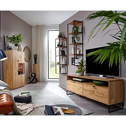 Wohnzimmermöbel Set mit Beleuchtung, 4-teilig (Highboard, 2 Hängeregale, TV Lowboard 150cm), in Wildeiche massiv geölt