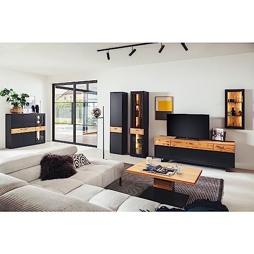 Lomadox Wohnzimmermöbel Komplett Set, 6-teilig, inkl. LED Beleuchtung, Schwarzgrau lackiert mit Wildeiche massiv geölt