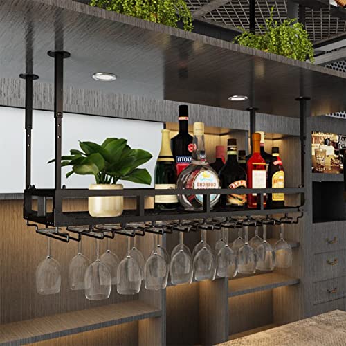 Schwarzes Weinregal für Bar, Restaurant, Weinflaschenregale, an der Decke montiertes Lagerregal mit hängendem Stielglas, Champagnergläserhalter, Metall-Vintage-Retro-Wandregale