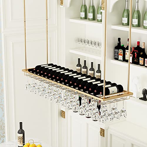 PRESSLAY Weinglasregal, Bar-Weinregale, an der Decke hängender Weinflaschenhalter aus Metall | Modernes Wandregal für Champagnerkelche und Stielgläser – Gold (Größe: 60 x 27 x 8 cm)