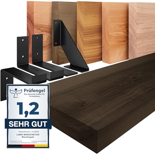 LAMO Manufaktur Wandregal Holz Gerade | Regal Farbe: Schwarz|mit schwarzem Industrial Regalträger|120 cm