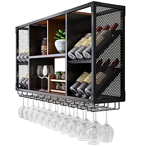 WHOJS Wein Ständer Mounted Stemware Holder Wall Decor Weinschränke für Küche, Esszimmer, Bar oder Weinkeller Schwarzer Eisenrahmen Flaschen- und Weinlagerung(Size:100x60x25cm,Color :Schwarz)