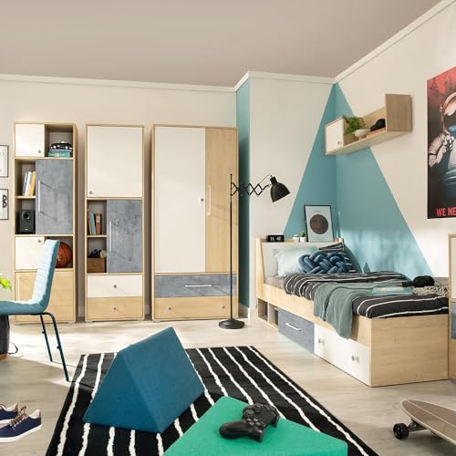 Lomadox Jugendzimmer Set 5-teilig mit Wandboard, 2 Regalschränke, Kleiderschrank, Bett 120x200cm in Eiche mit weiß und Betonoptik