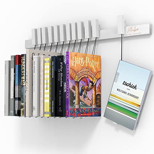 PHIBA 2in1 Bücherregal - Einzigartig [Nachhaltig] Innovativ - Wandregal mit Lesezeichen | Schmales Regal für Bücher | Buchregal aus Holz Weiß