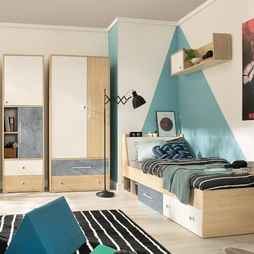 Lomadox Jugendzimmer Set 4-teilig mit Wandboard, Regalschrank, Kleiderschrank, Bett 120x200cm in Eiche mit weiß und Betonoptik