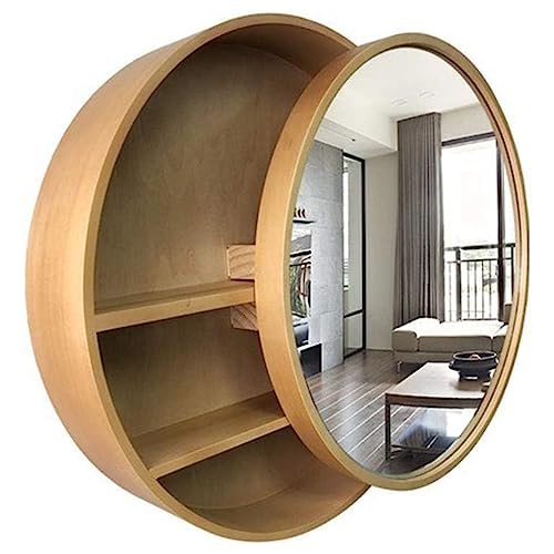 GArcan Runder Spiegelschrank aus Holz mit Stauraum – wandmontierte Badezimmerschränke, Kosmetikspiegelschrank 2 in 1, Massivholz-Schiebeschlafzimmer, runde Wandregale/Badezimmermöbel