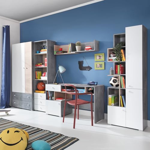 Lomadox Jugendzimmer Set 5-teilig mit Kleiderschrank, Regalschrank, Wandregal, Schreibtisch, Regal in Beton weiß Eiche modern