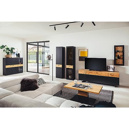 Lomadox Wohnzimmermöbel Komplett Set, 6-teilig, Schwarzgrau lackiert mit Wildeiche massiv geölt