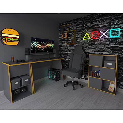 Lomadox Jugendzimmer Set, 4 teilig mit Gaming-Tisch, in anthrazit mit orangener Kante (Set bestehend aus Schreibtisch, Regal, Wandregal und Aktenschrank)