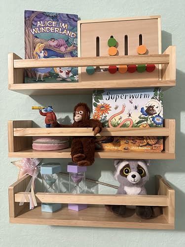 MaLa   3er Set Natur Bücherregale Massivholz – Schweberegal Kinderzimmer Badezimmer Küche Wohnung – Montessori für Spielzeug Bilder Bücher | Abgerundete Ecken