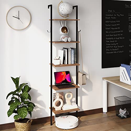 VEDECASA 5-stöckiges Leiterregal Bücherregal gegen Wand Offene Regale für Heimbüro Wandregal mit Metallrahmen für Wohnzimmer Küche Schlafzimmer Badezimmer