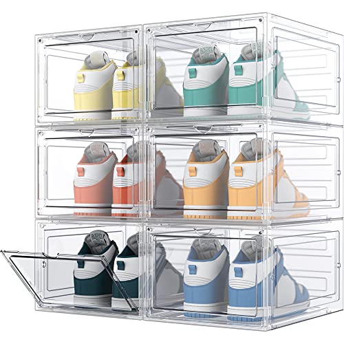 HOMIDEC Schuhboxen Stapelbar Transparent, 6 Stück Hartplastik Schuhkarton mit Deckel, Schuhaufbewahrung für Stöckelschuhe, Stiefeletten, Pumps, High Tops, für Größe 46, Transparent