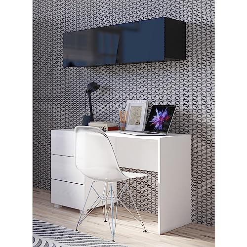 Lomadox Jugendzimmer Set 2-teilig mit Schreibtisch, Wandregal in weiß Hochglanz und schwarz Hochglanz Modern
