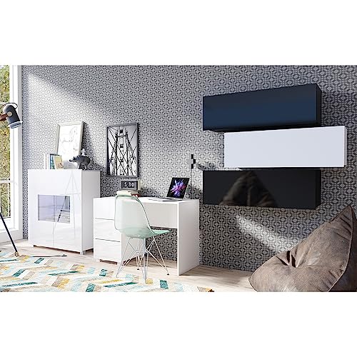 Lomadox Büromöbel Set 5-teilig mit Schreibtisch, Highboard, 3 Wandregale in schwarz Hochglanz und weiß Hochglanz Modern