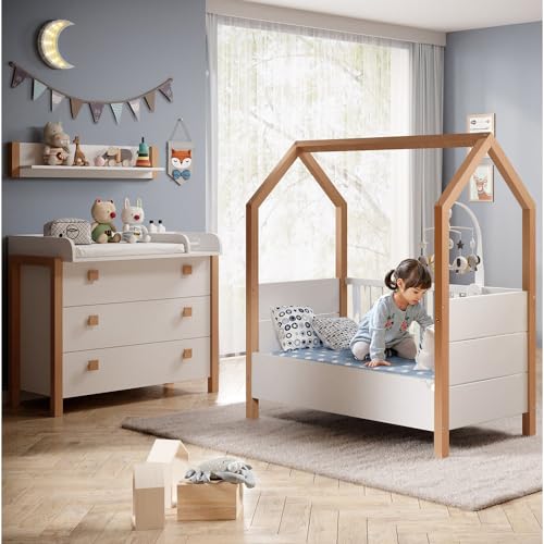 Lomadox Kinderzimmer Set 3-teilig Kinderbett Hausbett Liegefläche 70x140 cm Wickelkommode Wandregal Kiefer teilmassiv weiß mit Birke