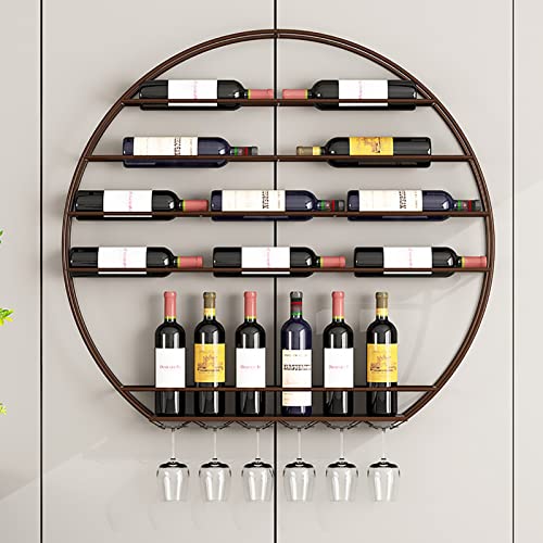 LLBFZ Goldfarbener Weinglashalter zur Wandmontage, Metall-Weinflaschen und Glas-Stielgläser, rundes Weinregal, hängende schwebende Regale, Kunst-Wandregale aus Eisen