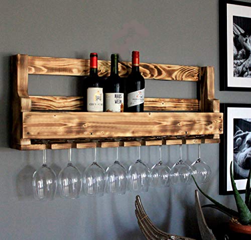 Dekorie Weinregal aus Holz für die Wand - mit Gläserhalter - Geflammt - fertig montiert - Regal für Weinflaschen und Weingläser fürs Esszimmer 90 x 35 x 15 cm