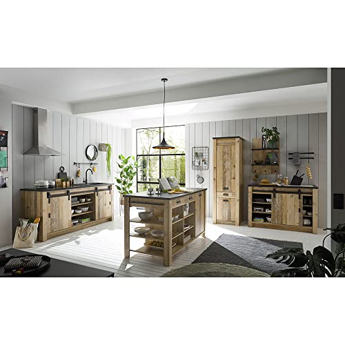 Lomadox Küchenmöbel Küchen komplett Set, Old Style hell Nb. mit anthrazit mit Stauraumschrank, Spültischen 133cm + 201cm, Kücheninsel, Wandregal