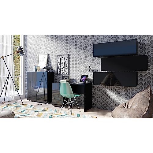 Lomadox Büromöbel Set 5-teilig mit Schreibtisch, Highboard, 3 Wandregale in schwarz Hochglanz Modern