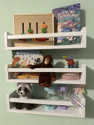 MaLa   3er Set weiße Bücherregale aus Massivholz – Schweberegal Kinderzimmer Badezimmer Küche Wohnung – Montessori Spielzeug Bilder Bücher | Abgerundete Ecken