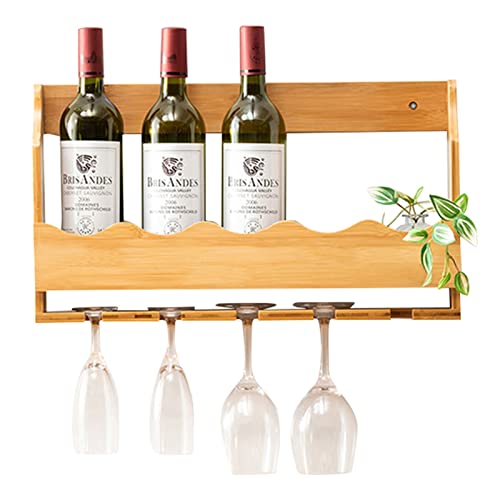 Meiiron Bambus-Weinregal, 5 Flaschen-Display-Halter mit Weinglashalter, Wandregal for Küche, Speisekammer, Keller, Bar