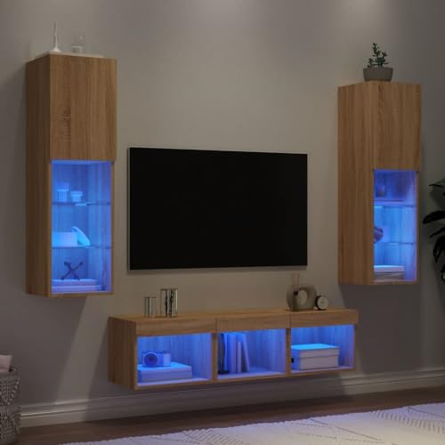 Gecheer 5-TLG. Wohnwand TV-Lowboard, Kommode, Wandregal, Wohnzimmer-Set, Modern Design mit LED-Beleuchtung Sonoma-Eiche Holzwerkstoff