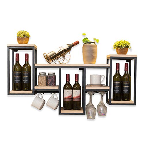 GttuiT Weinhalter, Weinflaschen- und Glasregal, kombiniertes Wandregal aus Holz und Metall, Weinschrank, Wandmontage für Weinkelche und Stielgläser Vision