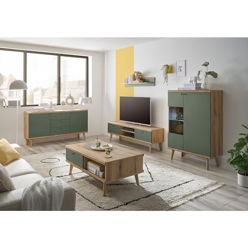 Lomadox Wohnzimmer komplett Set in Eiche mit grün Modern 5-teilig, Sideboard, Couchtisch, TV-Lowboard, Wandregal, Vitrine, iinkl. Beleuchtung