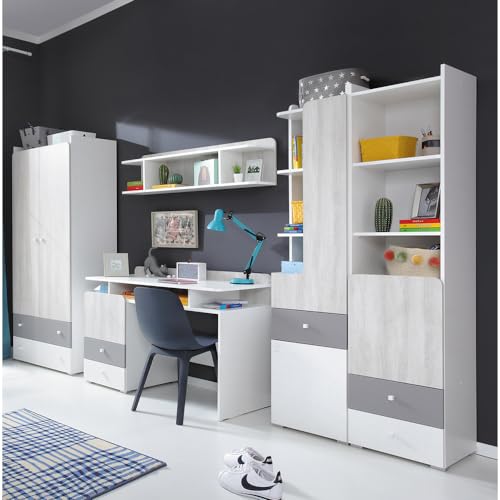 Lomadox Jugendzimmer Set weiß, Eiche hell, grau Kleiderschrank Schreibtisch Wandregal Regal Schrank modern